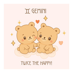 Gemini zodiac sign poster, cute twin cartoon bears