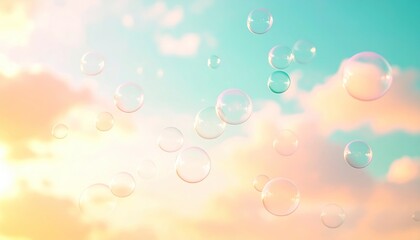 Floating bubbles scattered against a pastel sky with soft, stylized clouds