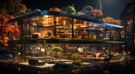 Obraz premium A stunning modern glass house is illuminated within a picturesque autumn setting, merging sophisticated architecture with the natural beauty of colorful fall foliage.