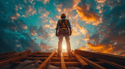 Fototapeta premium A silhouette of a construction worker stands against a vibrant sunset, symbolizing hard work, dedication, and the promise of new beginnings at the end of a productive day in construction.