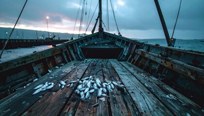 Fish lie on deck of weathered boat, pier and cloudy sunset backdrop
