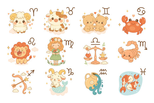 Zodiac signs illustration set, twelve cute cartoon icons