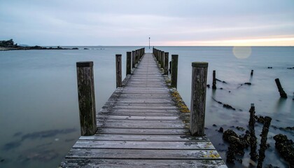 Long wooden pier stretches into a calm sea under a cloudy, muted sky