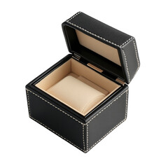Black leather watch box open, beige interior