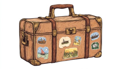 a suitcase with travel stickers clipart, summer vacation, sketchstyle, earthy tones, isolated on white background