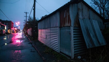 Rain-slicked street reflecting neon lights, next to a corrugated metal shed at dusk
