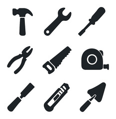 Construction Tools Icons. Solid, filled icons set of construction hand tools: hammer, wrench, screwdriver,