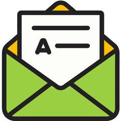 Open Green Envelope with an A Grade Document Inside Outlined in Black