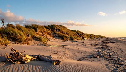 Sandy dunes covered in grass meet a golden beach under a serene sky