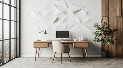 Luxurious home office featuring an origamithemed accent wall with abstract folded elements