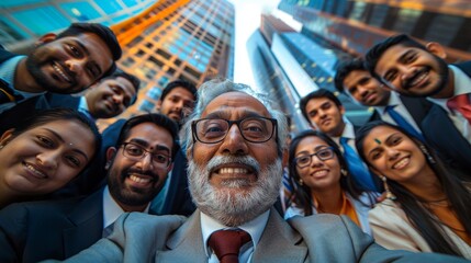 A joyful group selfie of a diverse team in business attire, set against a stunning modern cityscape that exudes energy and collaboration among professionals.