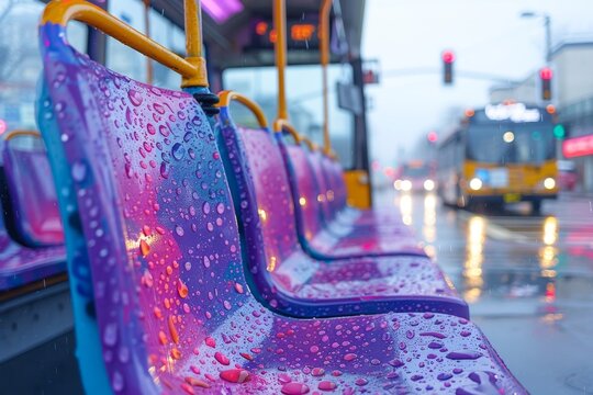 A vibrant view of wet bus seats adorned with glistening raindrops, reflecting the dynamic life of urban transport during a rainy day.