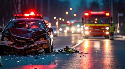 Emergency Response Scene After Car Collision with Police and Fire Truck