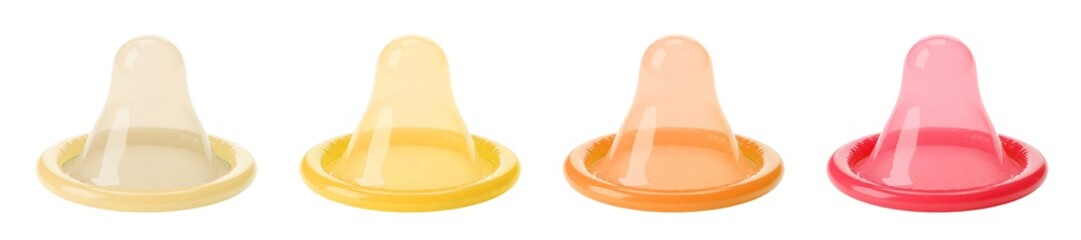 Colorful rolled up latex condom transparent PNG set bundle, isolated background. Regular white, yellow, orange, red color. Condoms, safe sex protection contraceptive, STD prevention, sexual health