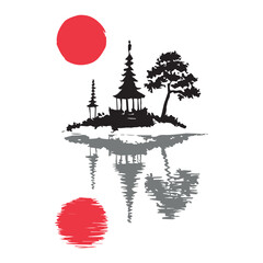 Fototapeta premium Ink painting of two people standing on the shore and looking at a large red sun. Traditional oriental ink painting sumi-e, u-sin, go-hua