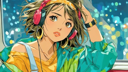 Anime-inspired city pop scene, a girl with headphones gazes through a train window, city lights softly reflecting on the glass, evoking nostalgia of the 1990s.