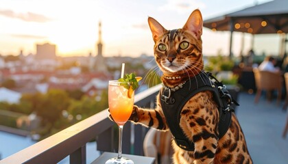 Bengal cat cocktail hour on a rooftop patio with a sunset cityscape view