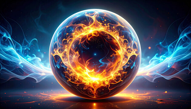 Firefly abstract sphere with swirling smoke and bright fire particles creates symmetrical glowing orb with dynamic energy and vibrant colors in dark background
