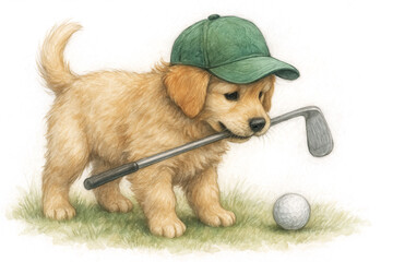 Puppy Golfer Illustration – Golf Club in Mouth and Cap, Playful Sports Dog Art
