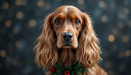  serene close-up portrait of a red-golden English Cocker Spaniel with soft, wavy fur and expressive eyes, against a subtly blurred dark background with hints of warm lights