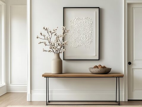Elegant hallway with framed origami shadowbox art, adding texture and sophistication