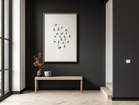 Elegant hallway with framed origami shadowbox art, adding texture and sophistication
