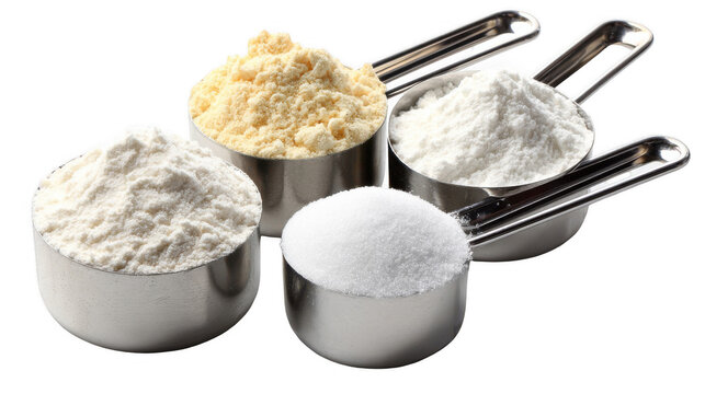 Metal measuring cups filled with white flour, granulated sugar, and golden corn flour, arranged against a transparent background, provide essential resources for culinary creations