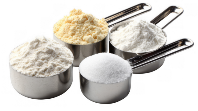 Metal measuring cups filled with white flour, granulated sugar, and golden corn flour, arranged against a transparent background, provide essential resources for culinary creations