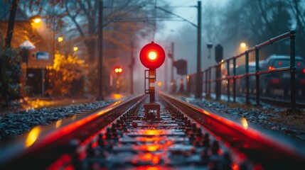 A captivating image of a foggy train signal illuminating the tracks, symbolizing journey and transition, set against a moody backdrop of urban nighttime beauty and mystery.