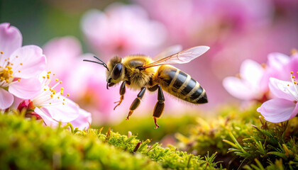 Honeybee in flight near pink blossom flowers and green moss, showing detailed wings and body with soft natural background and vibrant colors