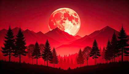 Firefly red moonlit night landscape with silhouetted trees and dark mountains creates mystical and dramatic atmosphere under glowing red sky