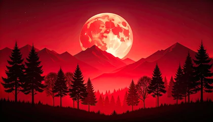 Firefly red moonlit night landscape with silhouetted trees and dark mountains creates mystical and dramatic atmosphere under glowing red sky