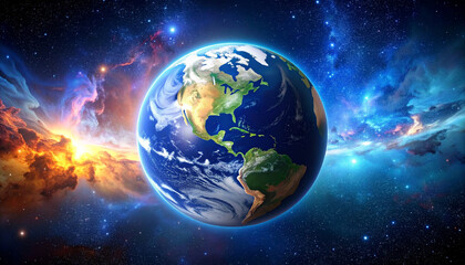 Fototapeta premium Vibrant view of Earth surrounded by cosmic energy and galactic nebula in deep space, showing colorful stars and glowing clouds creating stunning celestial scene