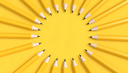 Yellow pencil drawing stationery arranged in circular pattern on yellow background, creating bright and creative design with central empty space