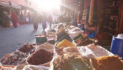Spices for sale at a bustling market, people walking, bright sunlight