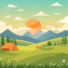 Serene Sunset Camping Scene Mountain Valley Tent Landscape Illustration