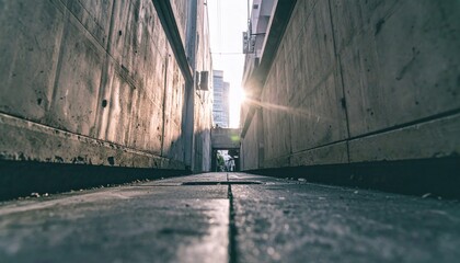 Narrow alleyway between concrete walls with sunlight at the end of the passage