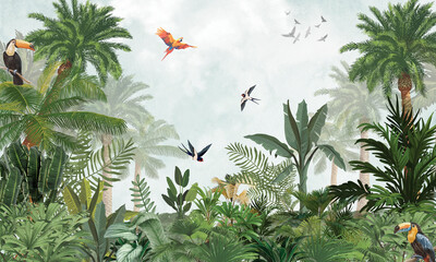 Minimalist Wildlife Mural: Gentle Toucan, Macaws in Soft Green Tropical Forest © csinie1