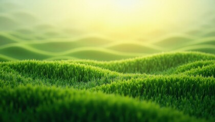 Fototapeta premium A vibrant green lawn with rolling hills under a soft, golden light conveys serenity and growth.