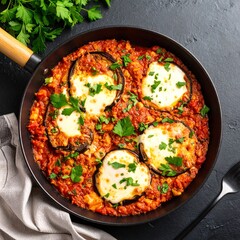 Delicious eggplant shakshuka featuring eggs and colorful ingredients in a beautiful presentation