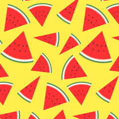 Seamless pattern with watermelon pattern. Wallpaper with illustrations of cut watermelons scattered on a yellow background.