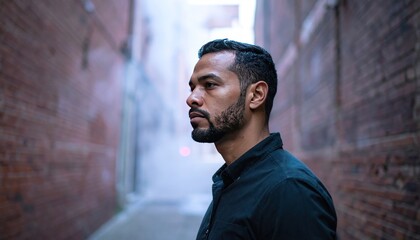 Pensive man stands in an alleyway with brick walls, light fog obscuring the distance