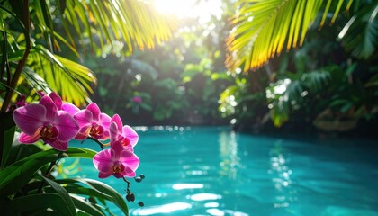 Tropical paradise Lush orchids, blue water, and sunlit foliage create a relaxing scene