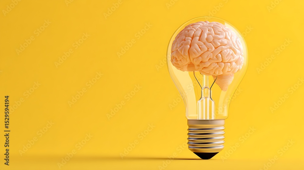 Poster lightbulb as brain shape yellow background, creative ideas and brainstorming concept