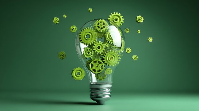 Light bulb with gears, ideas concept, green background