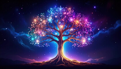 Glowing tree with light-filled leaves in a starry, otherworldly night scene