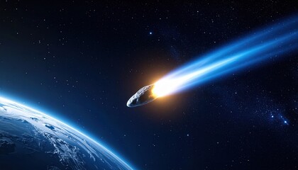 Asteroid streaks past Earth, leaving a bright blue and white trail, surrounded by stars