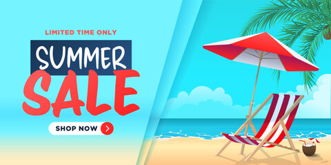 Summer Sale banner with beach umbrella and chair on beach background.