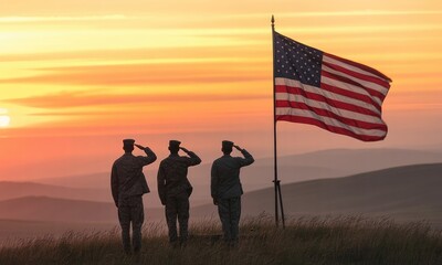Soldiers saluting flag at sunset patriotism and military service