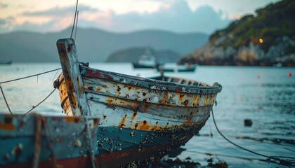 Rustic boat rests on shore, water's edge, dusk light, blurred island backdrop